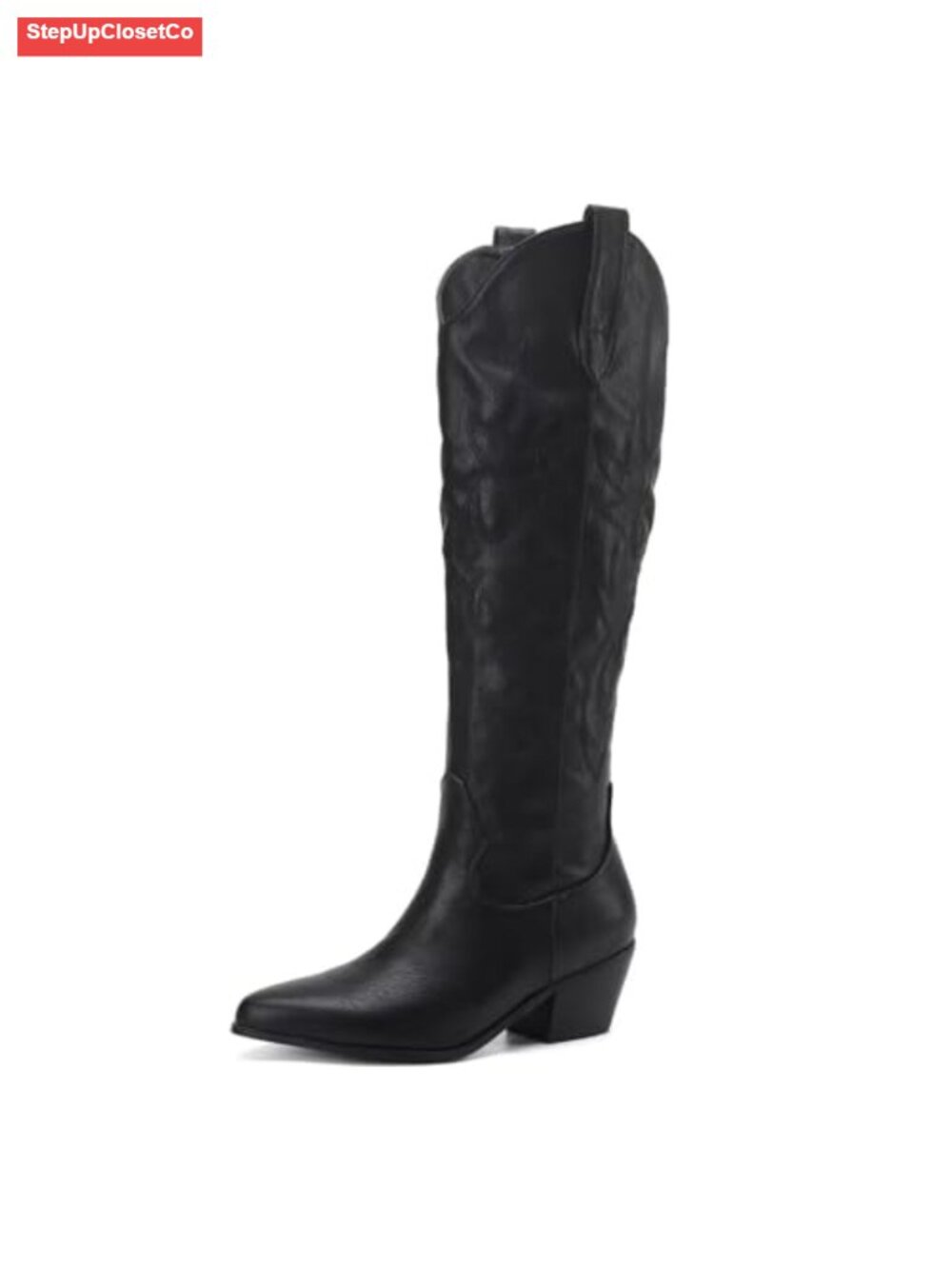 Embroidered Knee High Western Cowboy Boots Chunky Heel Pull On Pointed Toe